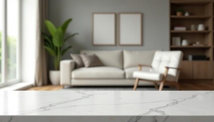 Fototapeta premium Blurry living room background with a marble table in the foreground providing ample copy space, space, design