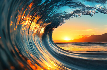 A stunning visual of a wave at sunset, capturing the vibrant colors and natural beauty of the ocean landscape.