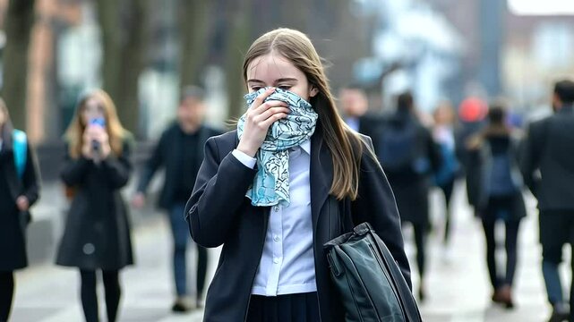 A girl wearing a school uniform covers her nose with her scarf as she walks past a group of smokers, showing the struggle to avoid secondhand smoke in daily life.