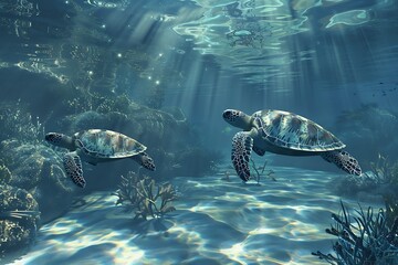 Obraz premium sea turtles swimming near shore in shallow waters