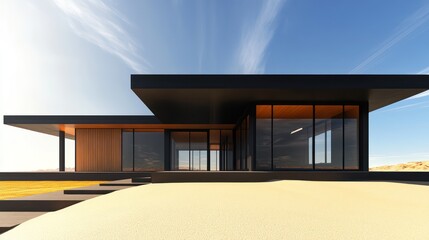A modern architectural design with a deep black roof and large rectangular windows, contrasted by a rich, warm wooden exterior