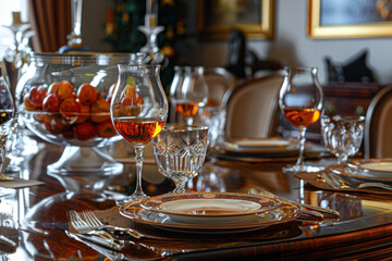 Sophisticated dining room with brandy served in crystal snifters, warm tones