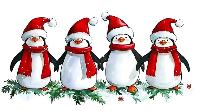 Four penguins in Santa hats and scarves on snow.