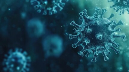 A scientific digital art illustration of a magnified virus particle with spiky surfaces in blue and gray tones, set against a blurred blue microscopic background
