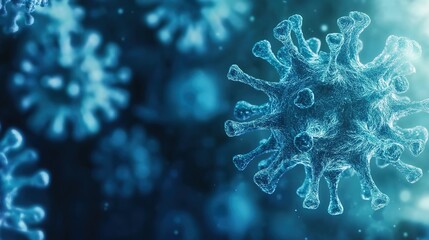 A scientific digital art illustration of a magnified virus particle with spiky surfaces in blue and gray tones, set against a blurred blue microscopic background