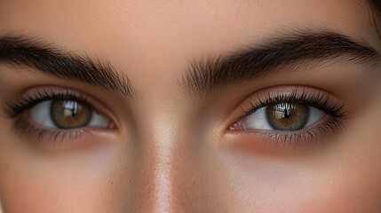 Obraz premium A close-up portrait photograph of a pair of brown eyes with freckled skin around, thick eyebrows, soft lighting, blurred background