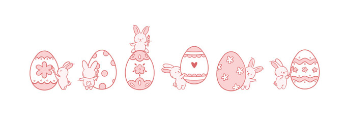 Cute white bunnies with easter egg doodle vector illustration
