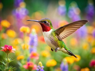 Fototapeta premium Texas Hummingbird in Flight, Bokeh Background, Blurred Flowers, Nature Photography