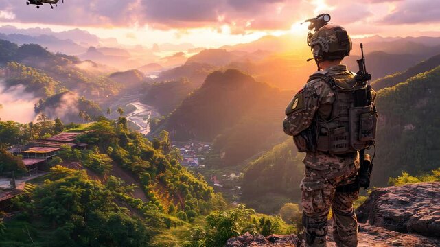 Silhouette of a soldier maneuvering drones for military combat and surveillance operations