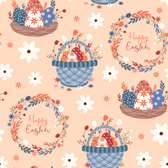 Seamless pattern with Easter elements, a basket and a nest with eggs. Vector illustration