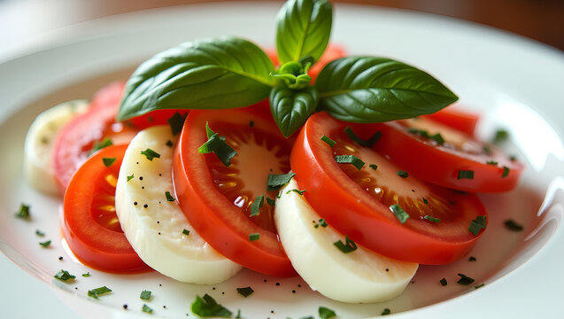 A beautifully plated Caprese salad featuring fresh tomato and mozzarella slices, garnished with basil leaves on a white plate.
