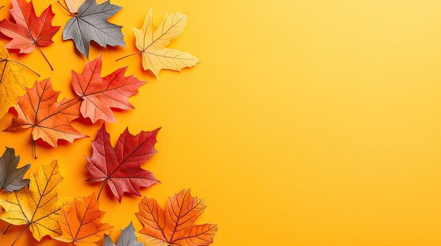 Autumn leaves on orange background; flat lay; seasonal; design; use in cards or invitations