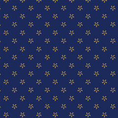 Fototapeta premium Abstract small golden flowers motif pattern blue background. Modern floral fabric design textile swatch, ladies dress, man shirt, fashion garment, silk scarf all over print block.
