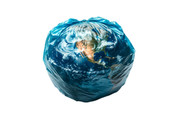 Plastic-wrapped globe representing global waste and environmental issues isolated on transparent background