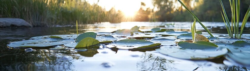 Sunset over tranquil pond, lily pads floating, background trees. Calm nature scene