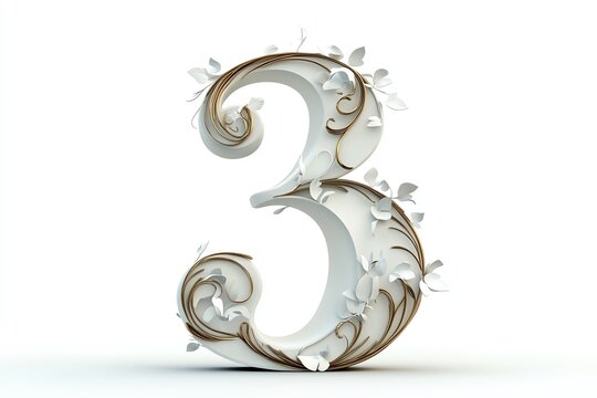 Stylized number three with floral design elements and elegant curves.