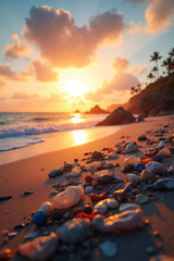 Polluted landscape at sunset with beach debris highlighting environmental issues and ocean waves reflecting orange hues