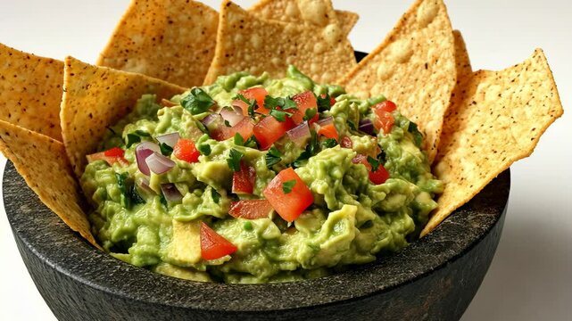 Fresh guacamole in a stone molcajete with crispy tortilla chips.