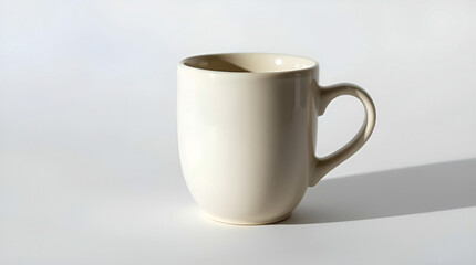 Fototapeta premium A simple, elegant off-white mug, perfect for a quiet morning, sits bathed in soft sunlight against a clean white backdrop.