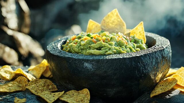 Fresh guacamole in a stone molcajete with crispy tortilla chips.