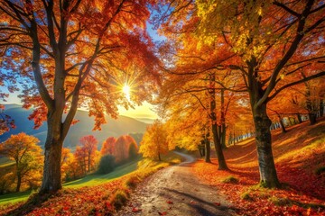 Naklejka premium Vibrant Autumn Landscape: Golden Trees and Colorful Leaves