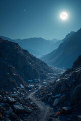 Polluted landscape under moonlight in mountainous terrain with debris and garbage scattered throughout