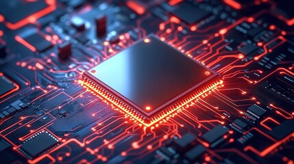 Fototapeta premium A digital art illustration of a glowing red microchip with detailed circuit patterns, surrounded by a complex circuit board, set against a dark blue background