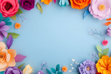 Fototapeta premium A vibrant arrangement of colorful paper flowers framing a serene blue background, perfect for creative and artistic projects.