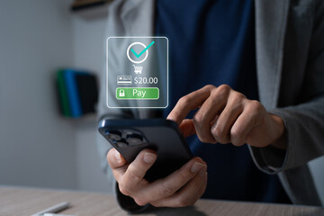 Online shopping and virtual store. Businessman using smartphone to buy products online