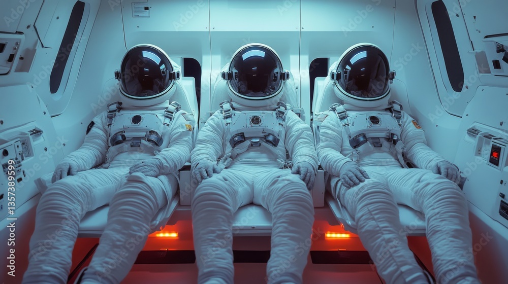 Poster three astronauts are seated in a futuristic spacecraft, equipped with advanced instruments and safet