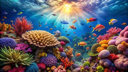 Fototapeta premium Vibrant Coral Reef Underwater Scene, Great Barrier Reef Australia Stock Photo