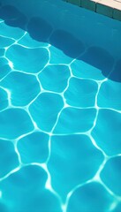 Clear blue swimming pool water surface reflecting sunlight, surrounded by tiled floor,  pattern, swimming pool
