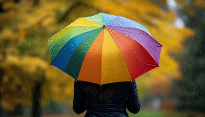 Obraz premium A woman is walking in the rain with a rainbow umbrella. Concept of happiness and joy, as the woman is enjoying the rain and the colorful umbrella. The rainbow adds a touch of magic