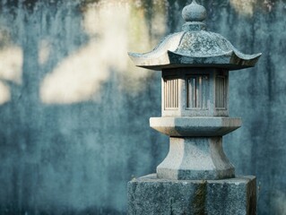 Japanese lantern on stone pedestal with minimalist composition and soft diffused lighting