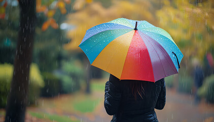 Obraz premium A woman is walking in the rain with a rainbow umbrella. Concept of happiness and joy, as the woman is enjoying the rain and the colorful umbrella. The rainbow adds a touch of magic