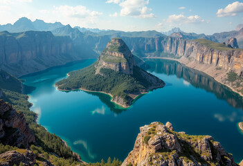 Naklejka premium Vibrant mountain landscape with crystal blue lake under cloudy sky viewed from high angle during daytime