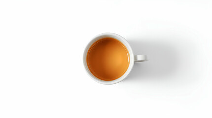 A warm cup of tea, a moment of peaceful solitude against a bright white background.