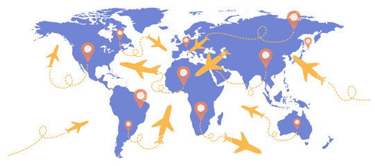 Illustration of airplanes travel routes on a world map. Worldwide air traffic concept or abstract idea of global communications business