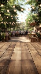 Rustic Wooden Tabletop Overlooking a Blurred Outdoor Cafe Scene with String Lights and Green Foliage for Product Display