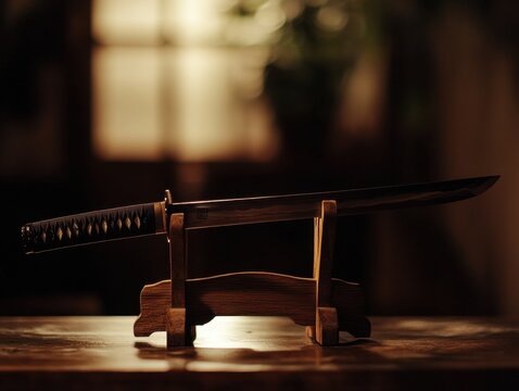 Japanese katana sword on wooden display stand, rule of thirds composition with soft diffused lighting and negative space on right