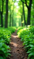 Obraz premium Blurred background of hiking trail through lush green vegetation, outdoors, nature