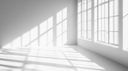Bright white interior space with sunlight streaming through large windows creating geometric shadows on the floor and wall minimal and clean