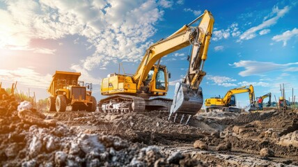 Obraz premium Engineer team with excavator, technology to build safe and strong structure such as house or tower. Teamwork of architect worker group working construct infrastructure or construction in city. AIG53.