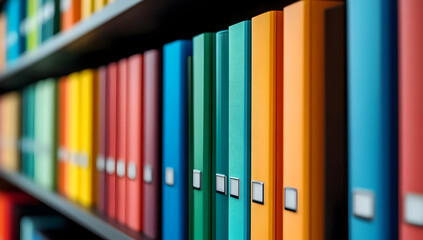 A vibrant display of colorful folders arranged neatly on a shelf, showcasing an organized workspace and efficient document management.