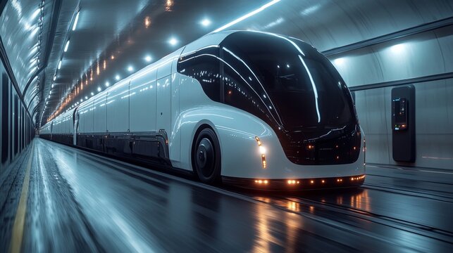 A futuristic transport vehicle moves through a sleek warehouse, showcasing its cutting edge design and functionality for logistics and distribution purposes.
