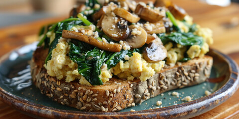 Vegan scrambled tofu with saut'ed spinach and mushrooms, served on whole-grain toast