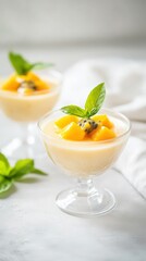 Panna Cotta with Fresh Mango Chunks, Passion Fruit, and Lime Zest, Served with Exotic Sauce in Calming and Serene Atmosphere