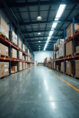 Fototapeta premium Blurred industrial warehouse interior with empty space for design Manufacture, storage, factory, wide panoramic, storage, space