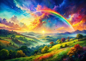 Vibrant Rainbow Watercolor Landscape: Abstract Art Background