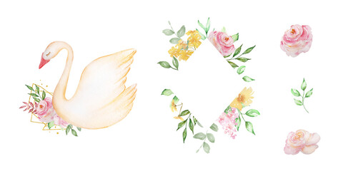 Naklejka premium Frames set with white swan and pink blush roses flowers bouquet